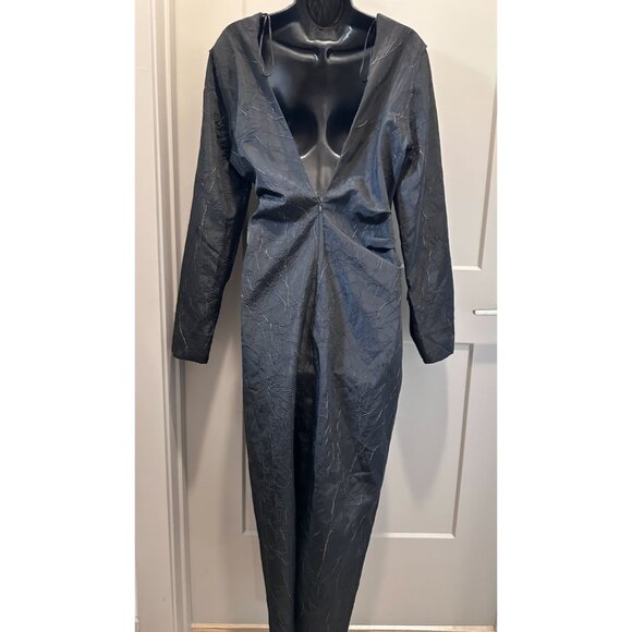 ZARA Black Round Neck Long Sleeves Wrinkled Fabric Open Back Midi Dress SzXL New - Picture 7 of 14